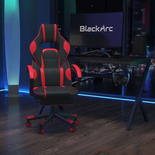 BlackArc Gaming Chair Outfitted With Footrest, Headrest, Lumbar Support Massage Pillow, Reclining Seat/Arms In Black & Red