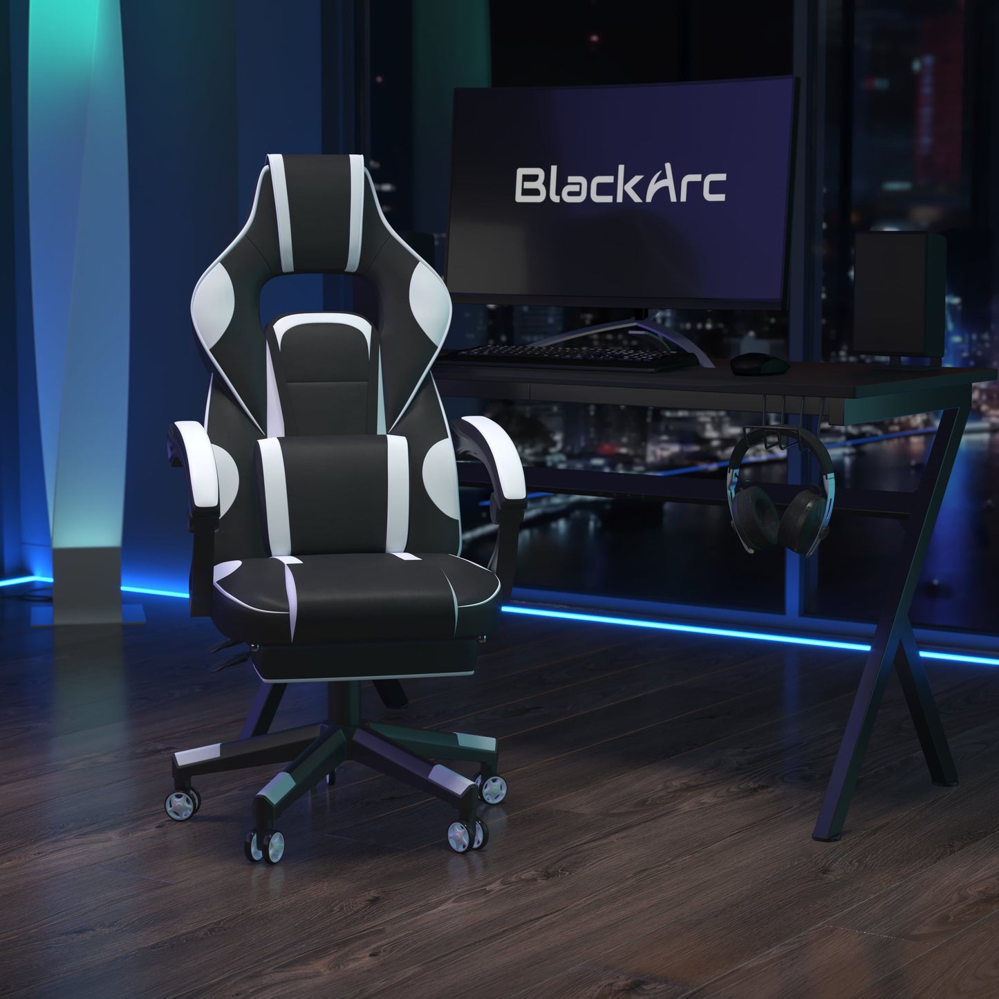 BlackArc Gaming Chair Outfitted With Footrest, Headrest, Lumbar Support Massage Pillow, Reclining Seat/Arms In Black & White