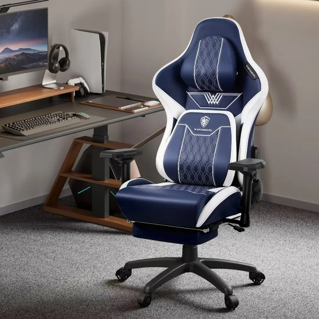 Dowinx Big and Tall Gaming Chair with Footrest, High Back Ergonomic Office Chair with Comfortable Headrest and Lumbar Support, 4D Armrests Computer Chair for Adults, Pu Leather, Blue