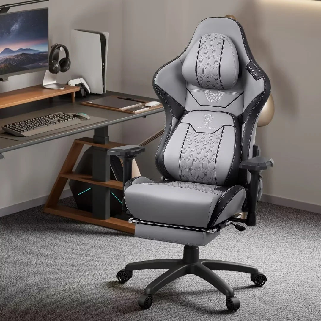 Dowinx Big and Tall Gaming Chair with Footrest, High Back Ergonomic Office Chair with Comfortable Headrest and Lumbar Support, 4D Armrests Computer Chair for Adults, Pu Leather, Grey