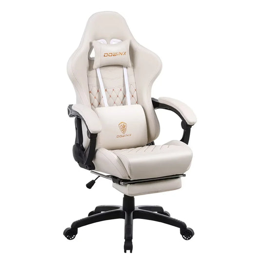 Dowinx PU Leather Gaming Chair with Massage Lumbar Support High Back Adjustable Office PC Chair Swivel Task Computer Chair with Footrest, White