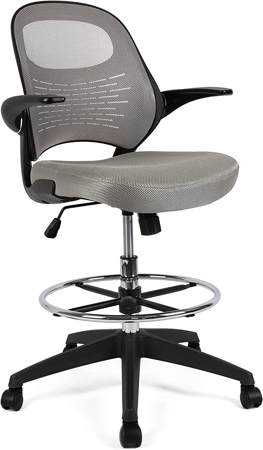 Drafting Chair for Standing Desk, Brown Mesh Drafting Desk Chair with Flip-Up Arms, Adjustable Height and Foot Ring
