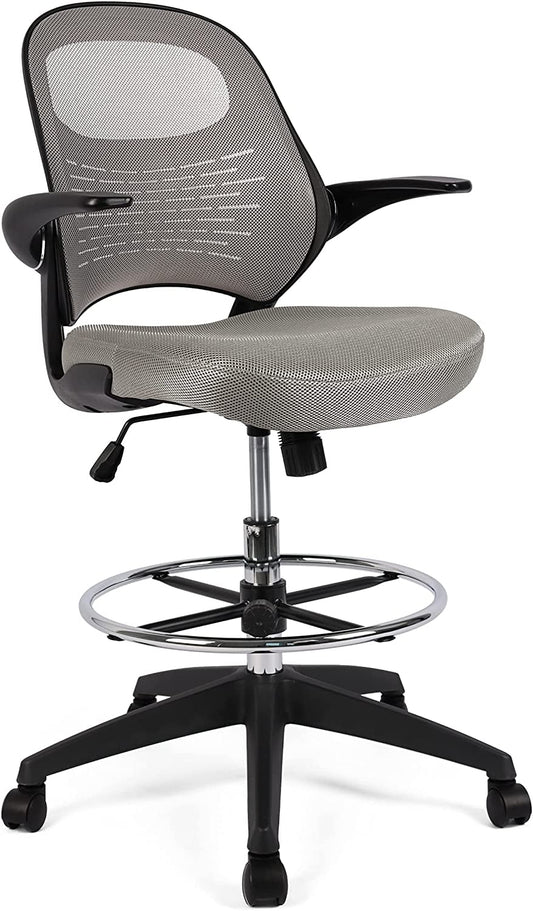 Drafting Chair for Standing Desk, Brown Mesh Drafting Desk Chair with Flip-Up Arms, Adjustable Height and Foot Ring