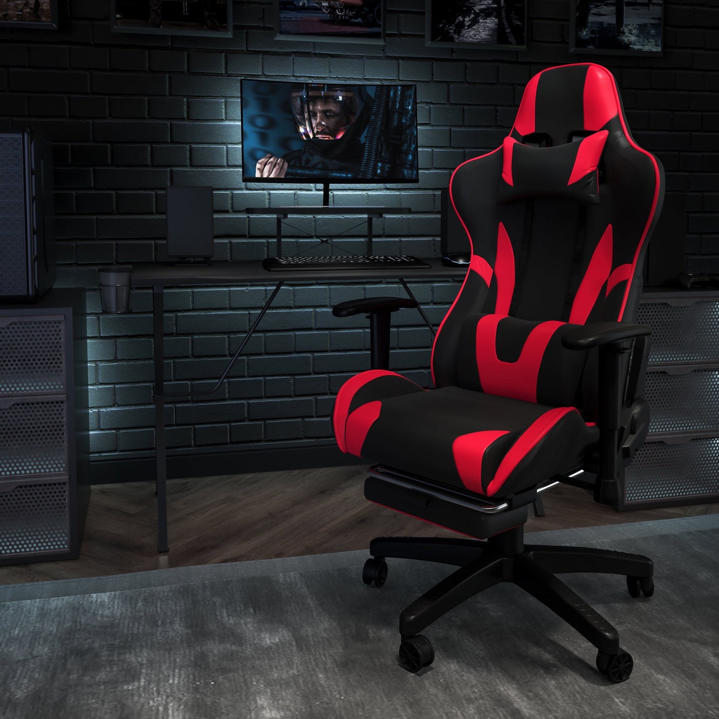 Emma + Oliver Racing Gaming Ergonomic Chair with Reclining Back, Footrest in Red LeatherSoft