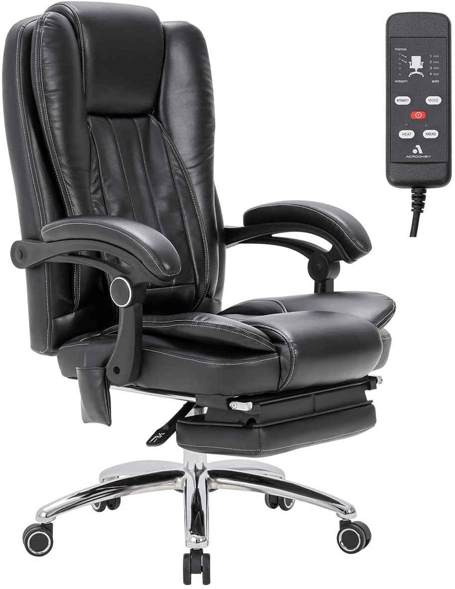 Erommy Office Computer Desk Chair with Massage, High Back Leather Chair with Footrest, Black