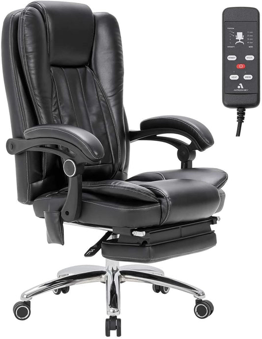 Erommy Office Computer Desk Chair with Massage, High Back Leather Chair with Footrest, Black