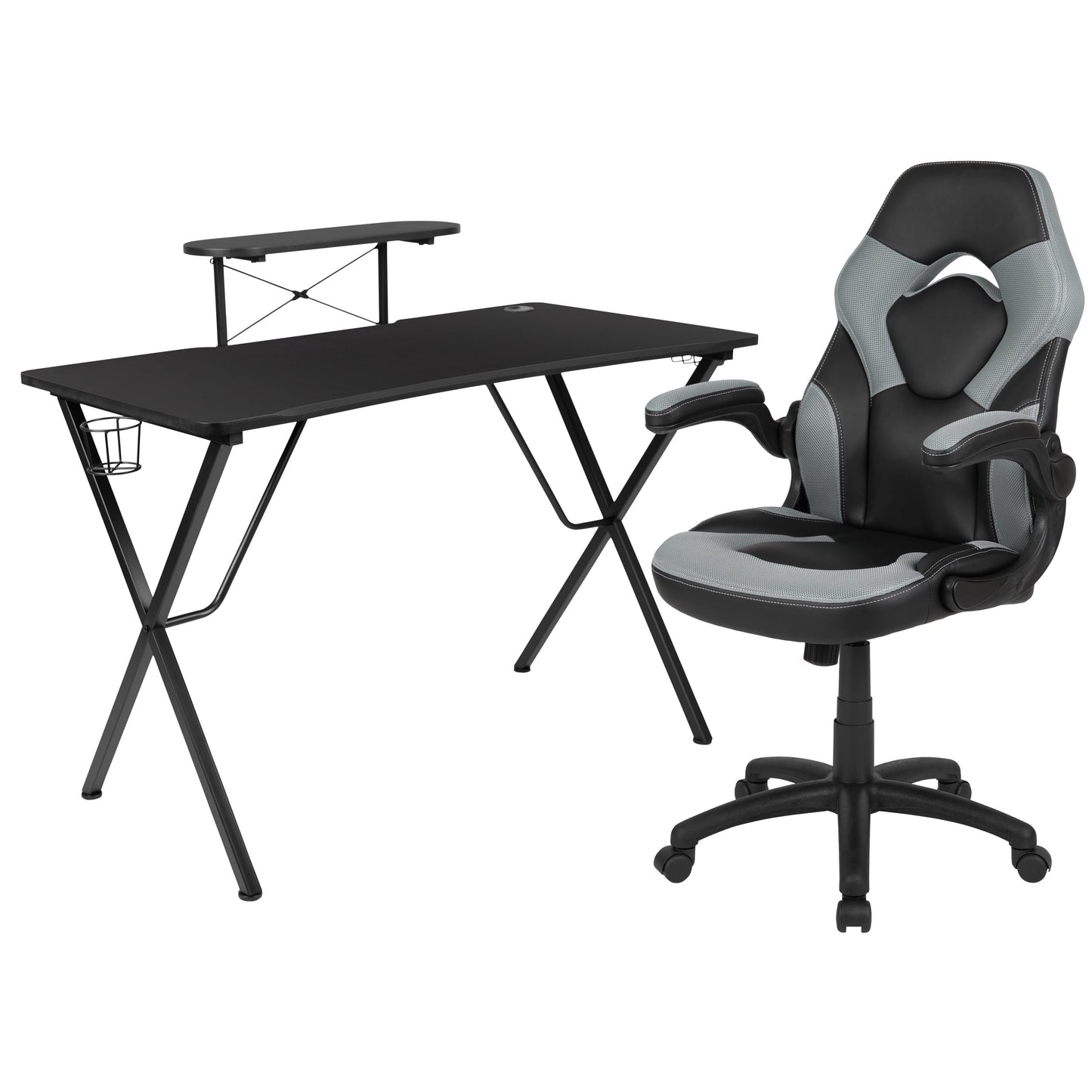 Flash Furniture Optis Black Gaming Desk and Gray/Black Racing Chair Set with Cup Holder, Headphone Hook, and Monitor/Smartphone Stand