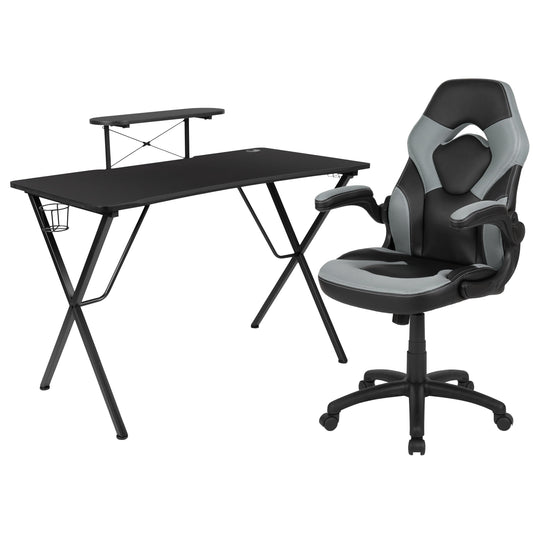 Flash Furniture Optis Black Gaming Desk and Gray/Black Racing Chair Set with Cup Holder, Headphone Hook, and Monitor/Smartphone Stand