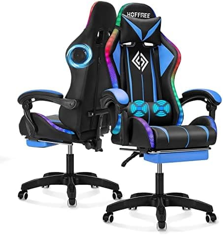 GEROBOOM Computer Gaming Chair Pink with Bluetooth Speakers and RGB LED Lights for Girls Massage Chair with Footrest Cute Video Game Chairs High Back with Lumbar Support and Headrest Pink