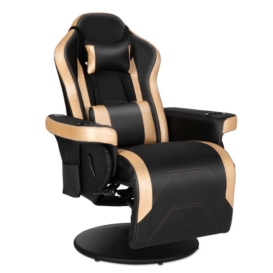 Gaming Chair Massage Ergonomic High Back Swivel Recliner Office Computer Chair with Bluetooth Speakers, Cupholder, Headrest, Lumbar Support, Adjustable Backrest and Footrest, Black Gold