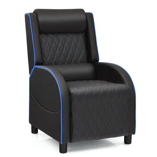 Giantex Massage Gaming Recliner Chair, PU Ergonomic Single Sofa w/Headrest, Lumbar Support, Racing Style, Reclining Home Theater Seating, Blue