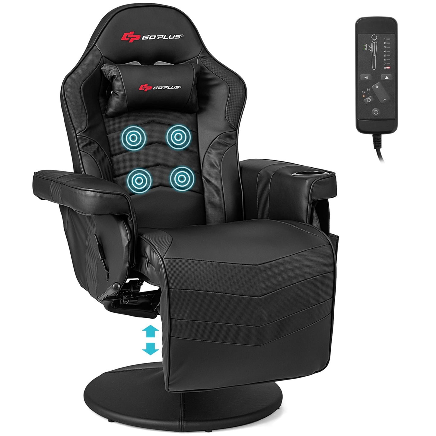 Goplus Massage Gaming Recliner Height Adjustable Racing Swivel Chair with Cup Holder Black