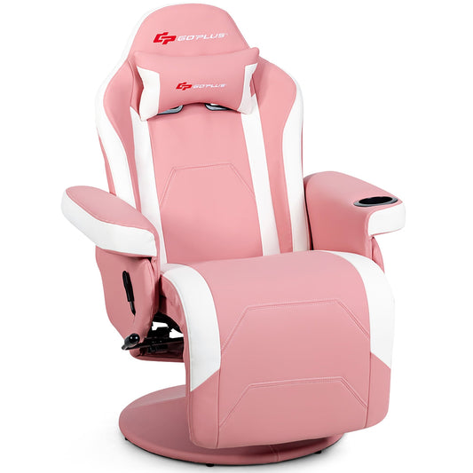 Goplus Massage Gaming Recliner Reclining Racing Chair Swivel w/Cup Holder & Pillow Pink