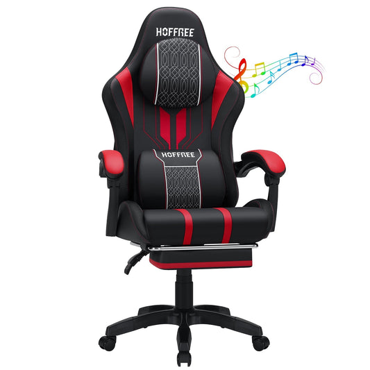 Hoffree Big and Tall Gaming Chair with Speakers Massage Office Chair Adjustable Lumbar Support Linkage Armrest for Home Office