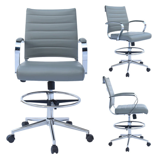 Homelala Gray Office Drafting Chair Ribbed Padded Open Mid Back With Wheels And Chrome Arms For Home Office Conference Room Tilt Ribbed Adjustable Height Chrome Swivel and Chrome Foot Rest