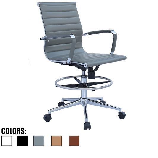 Homelala Office Drafting Chair Ribbed Mid Back With Wheels And Arms For Home Office Conference Room Tilt Ribbed Adjustable Height Chrome Swivel with Chrome Foot Rest Gray