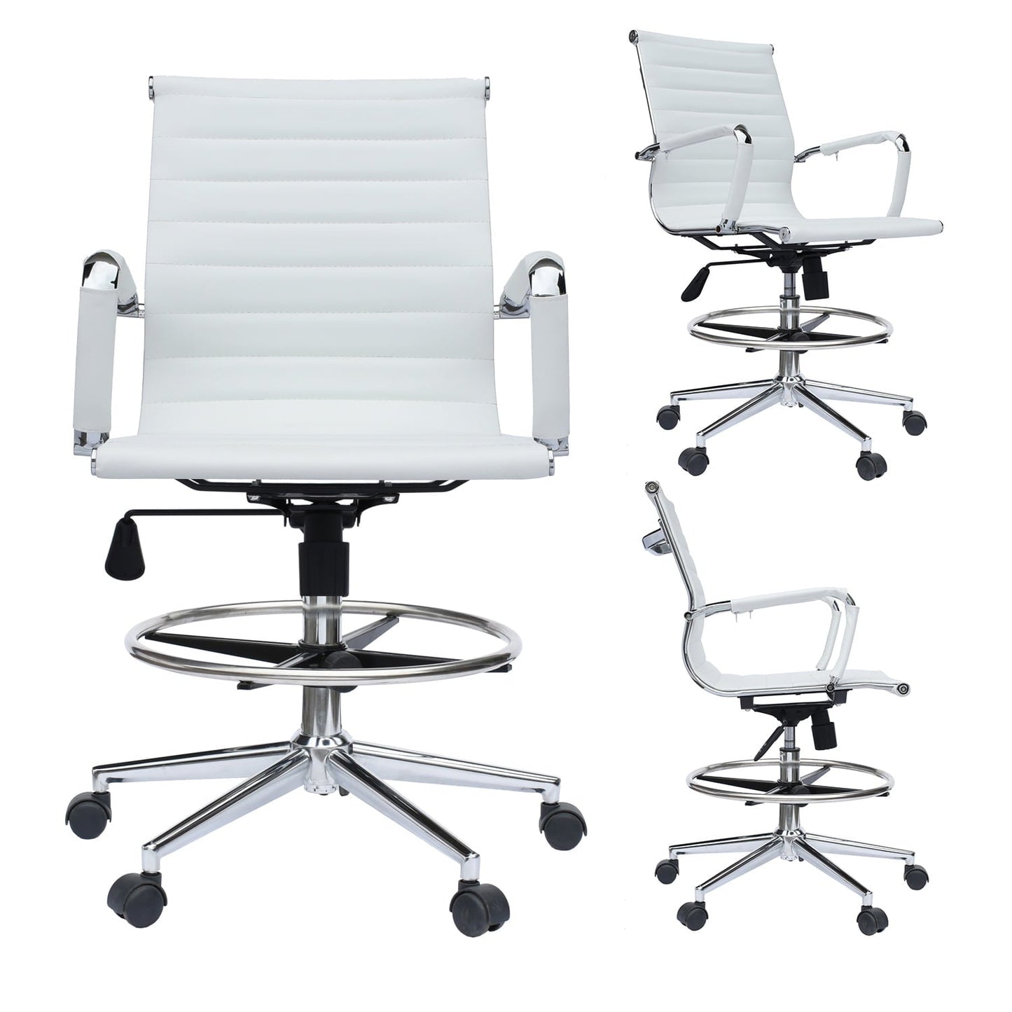 Homelala Office Drafting Chair Ribbed Mid Back With Wheels And Arms For Home Office Conference Room Tilt Ribbed Adjustable Height Chrome Swivel with Chrome Foot Rest White