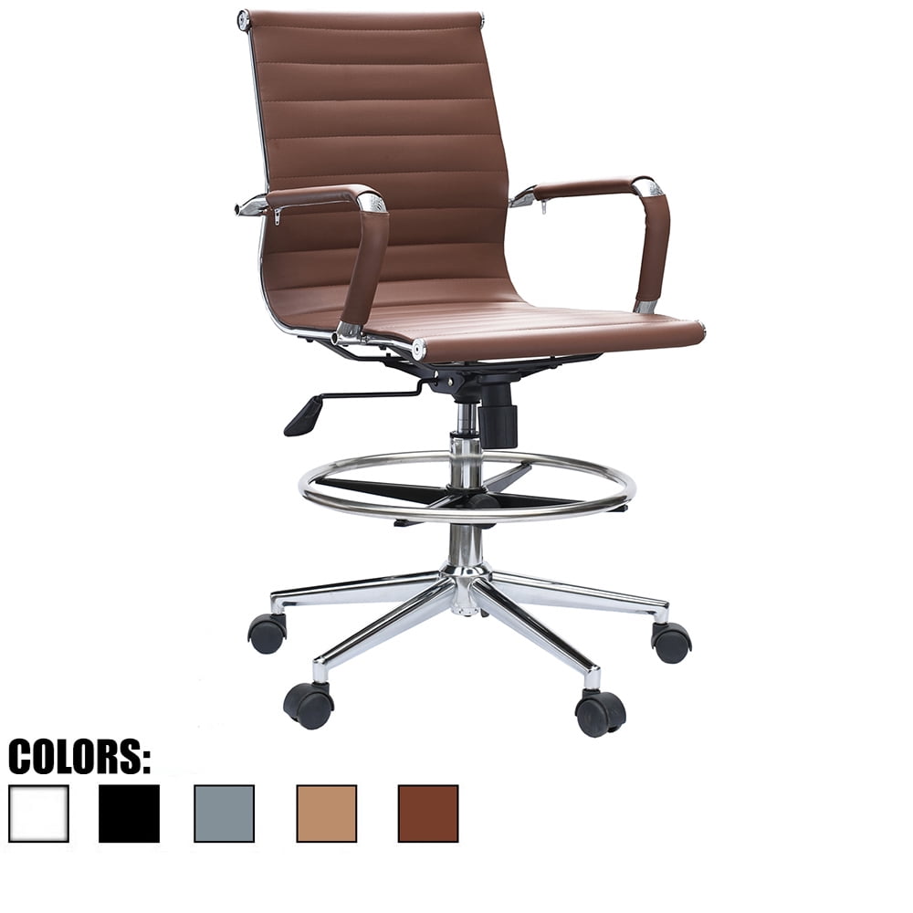 Homelala Office Drafting Chair Ribbed Mid Back With Wheels And Arms For Home Office Conference Room Tilt Ribbed Brown