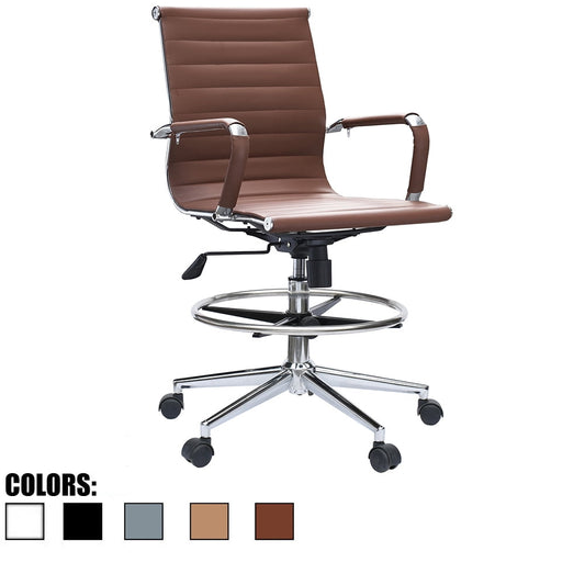 Homelala Office Drafting Chair Ribbed Mid Back With Wheels And Arms For Home Office Conference Room Tilt Ribbed Brown