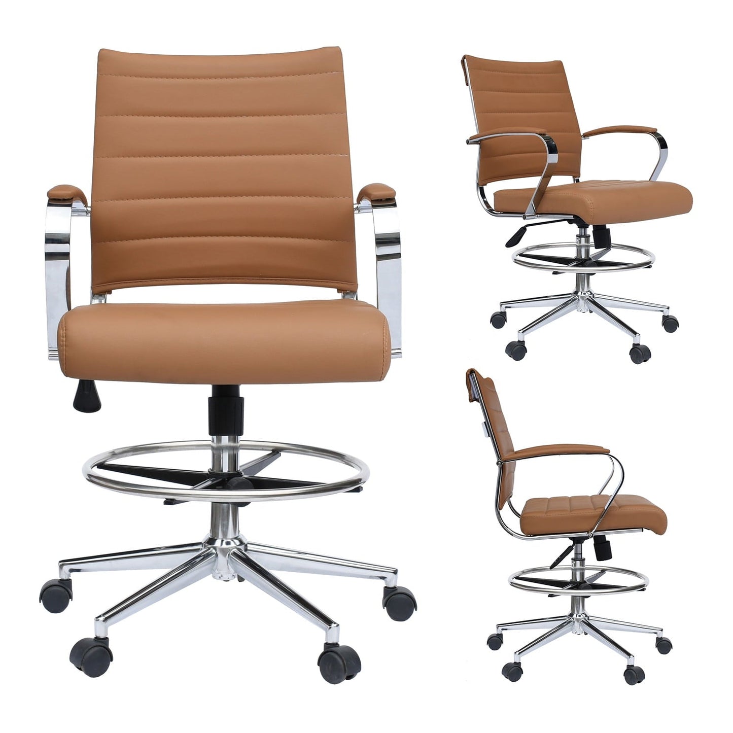 Homelala Office Tan Drafting Chair Ribbed Padded Open Mid Back With Wheels And Chrome Arms For Home Office Conference Room Tilt Ribbed Adjustable Height Chrome Swivel and Chrome Foot Rest