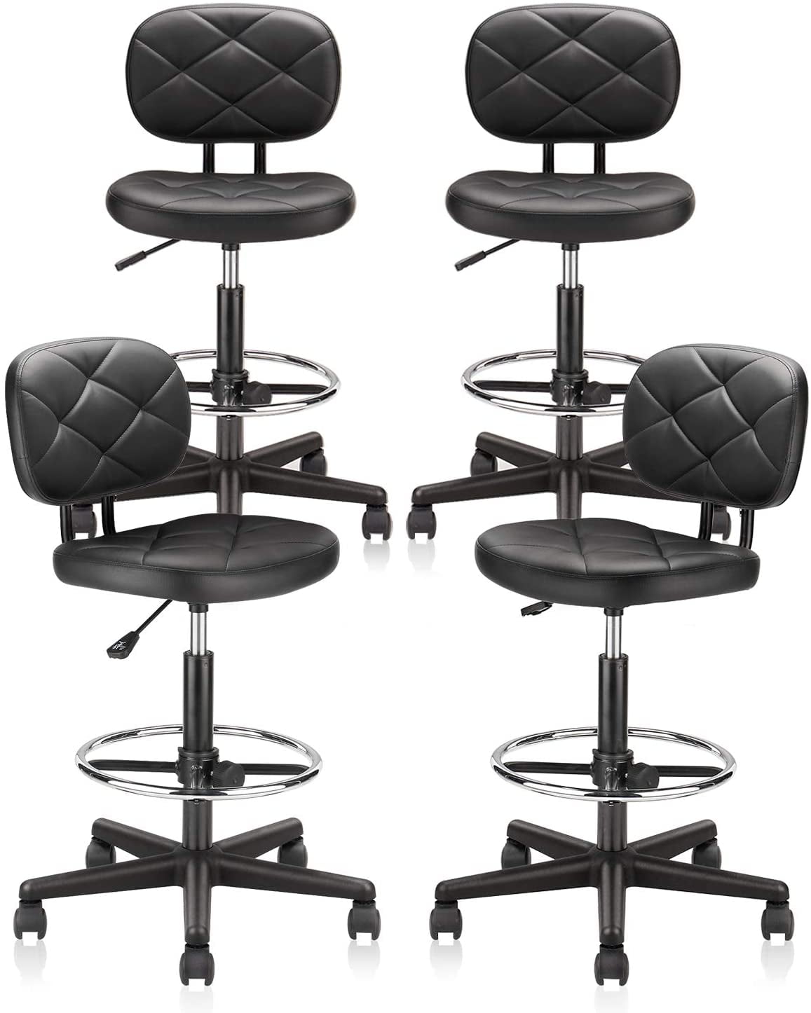 KLASIKA PU Leather Rolling Stool with Foot Rest Backrest, Drafting Chair with Wheels Adjustable Height, Multi-Purpose Desk Chair for Home Office Bar Kitchen Shop, Black (4PK)