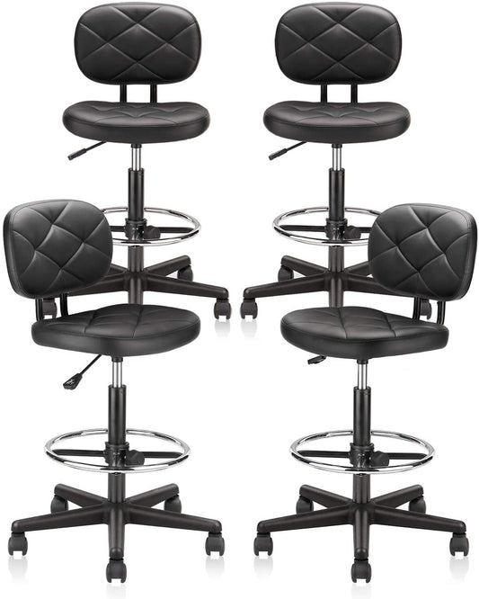 KLASIKA PU Leather Rolling Stool with Foot Rest Backrest, Drafting Chair with Wheels Adjustable Height, Multi-Purpose Desk Chair for Home Office Bar Kitchen Shop, Black (4PK)