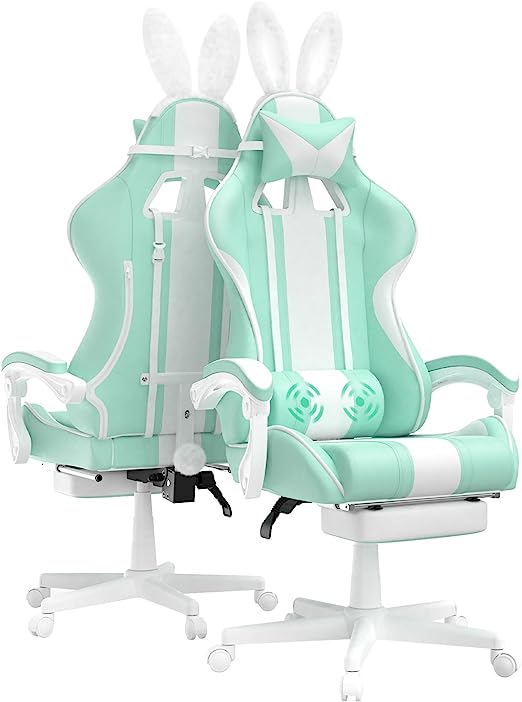 Light Blue Gaming Chair with Bunny Ear, Cute Massage Gaming Chairs for Adults & Teens