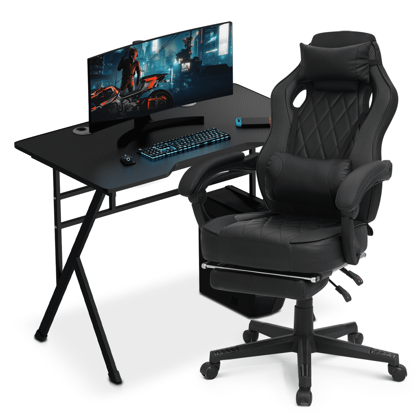 Magshion Computer Desk & Chair Set, Free Standing Laptop Table and Adjustable Gaming Chair Recliner with Retractable Footrest & Lumber Support for Home Office, Black