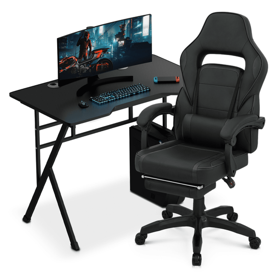 Magshion Computer Desk & Chair Set, Free Standing Laptop Table and Adjustable Height Gaming Chair Recliner with Retractable Footrest & Lumber Support for Home Office, Black