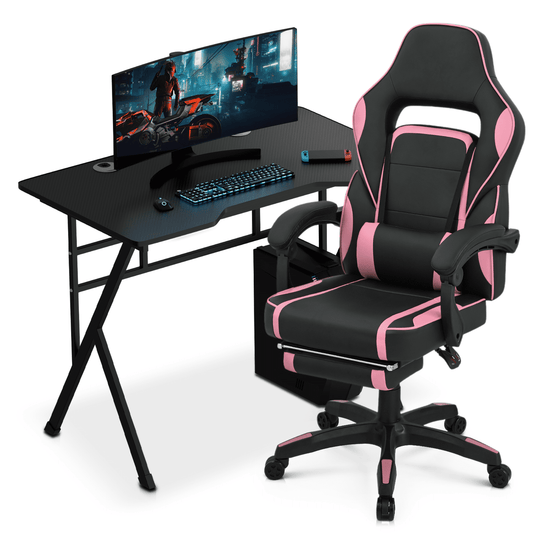 Magshion Computer Desk & Gaming Chair Set, Adjustable Height Reclining Chair with Retractable Footrest & Lumber Support and Writing Table Workstation, Pink