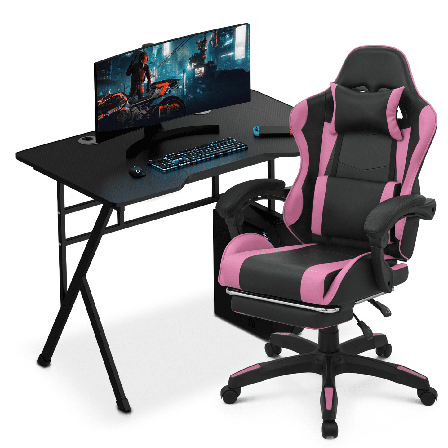 Magshion Computer Desk & Gaming Chair Set, Adjustable Height Reclining Chair with Retractable Footrest & Pillow and Writing Table Workstation with Cable Management Grommet, Pink