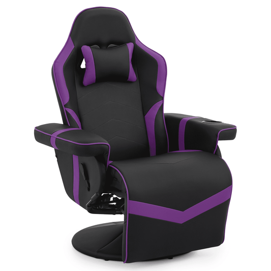 MoNiBloom Gaming Recliner Chair Racing Style Ergonomic High Back Swivel PU Leather Gaming Chair Recliner with Adjustable Backrest and Footrest Cup Holder Headrest, Purple