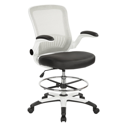 Office Star Products Mesh Back Drafting Chair with Black Faux Leather Seat and Adjustable Footring