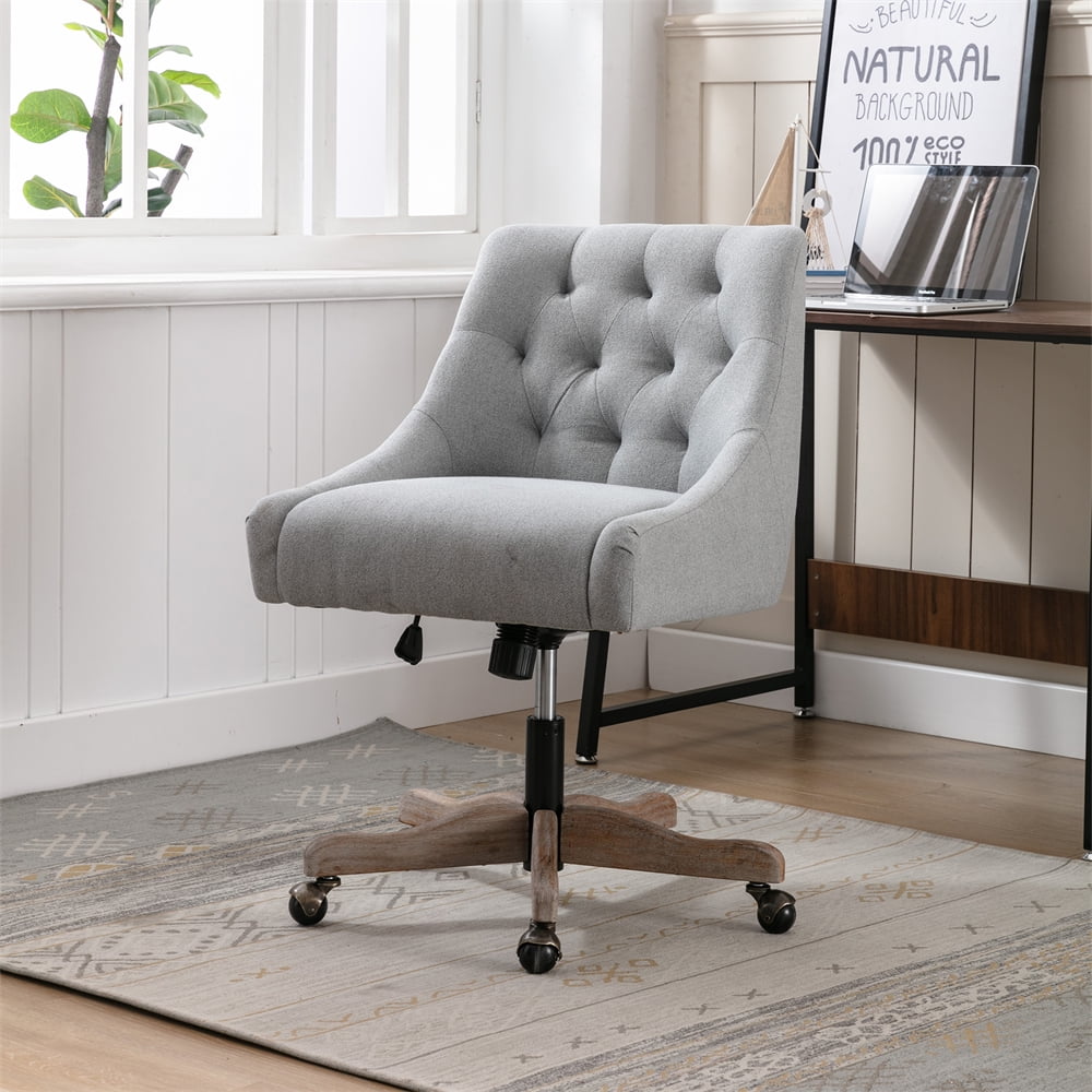 Swivel Home Office Chair with Height Adjustable and Universal Wheel, Linen Upholstered Computer Chair with Wood Legs Support, Comfy Task Chair Vanity Chair for Living Room, Gray