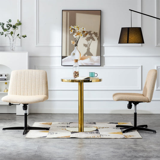 Swivel Office Chairs Set of 2, Height Adjustable Home Computer Desk Chair with Metal Base & No Wheels, Modern Linen Upholstered Armless Vanity Chair Task Chair for Living Room Bedroom Office, Beige