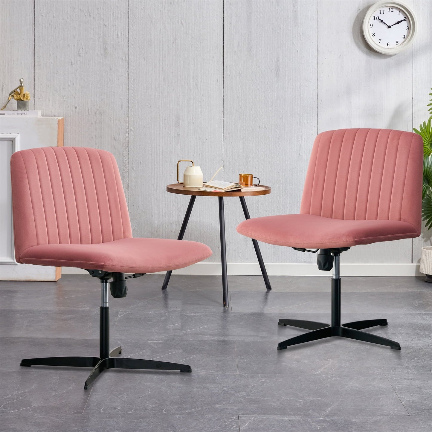 Swivel Office Chairs Set of 2, Height Adjustable Home Computer Desk Chair with Metal Base & No Wheels, Modern Velvet Upholstered Armless Vanity Chair Task Chair for Living Room Bedroom Office, Pink