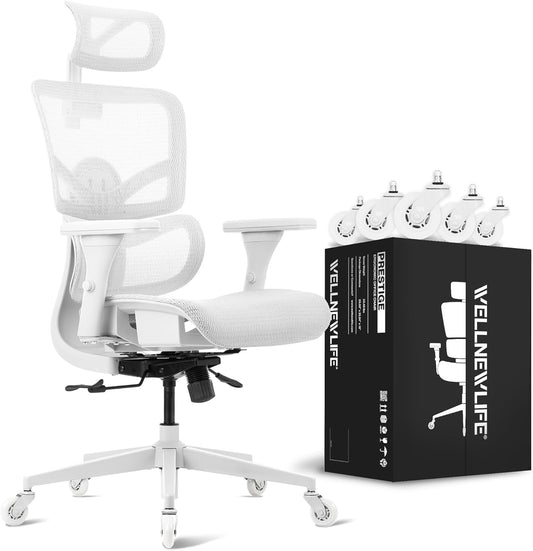 WELLNEW Prestige Ergonomic Office Chair White- Height Adjustable Backrest Lumbar Support, Seat Depth Adjust, 3D Headrest, 4D Armrests, Blade Wheels, Mesh Computer Gaming Chairs Executive Swivel Chair