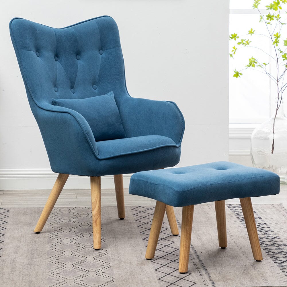 107cm Height Velvet Wingback Lounge Armchair and Footstool Wingback Chairs Living and Home Blue