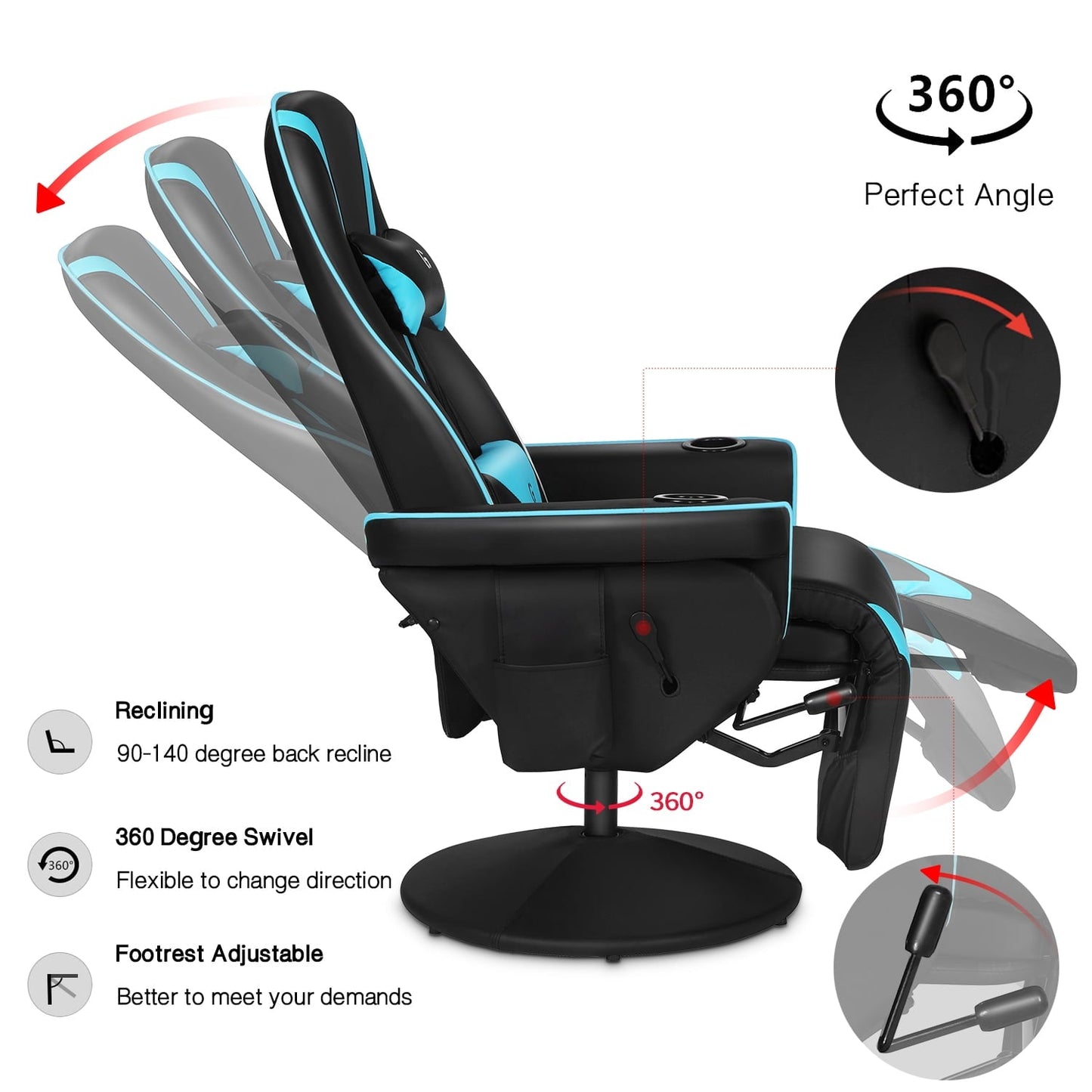 G-ROCKER Queen Throne Video Gaming Chair Ergonomic Recliner Racing Chair, High Back Swivel Chair with Footrest and Adjustable Backrest, Lumbar Support, Headrest and Cupholders, Black Blue