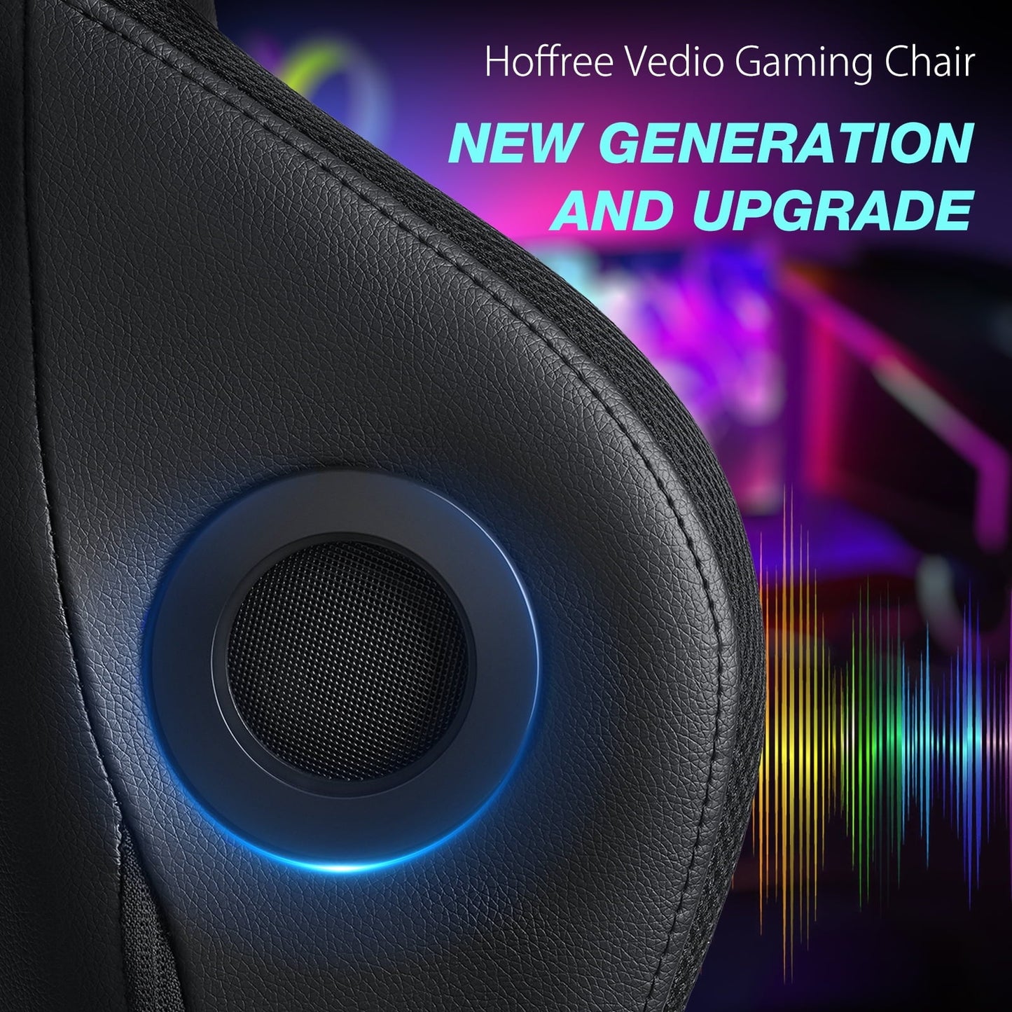 Hoffree Big and Tall Gaming Chair with Speakers Massage Office Chair Adjustable Lumbar Support Linkage Armrest for Home Office