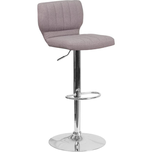 Contemporary Gray Fabric Adjustable Height Barstool with Vertical Stitch Back and Chrome Base
