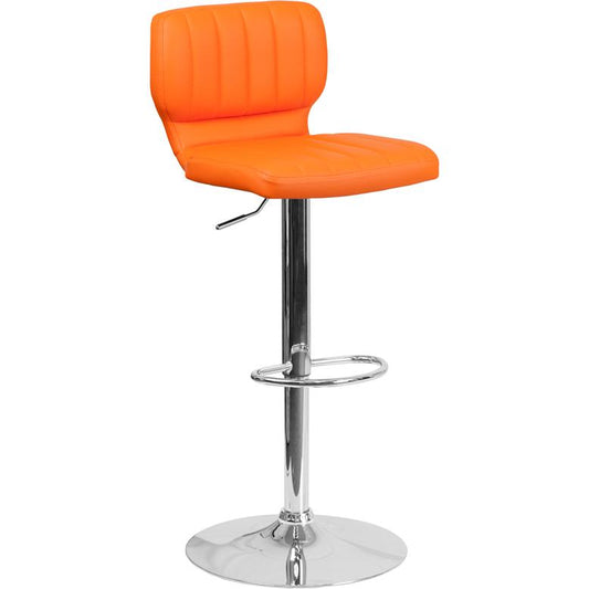 Contemporary Orange Vinyl Adjustable Height Barstool with Vertical Stitch Back and Chrome Base