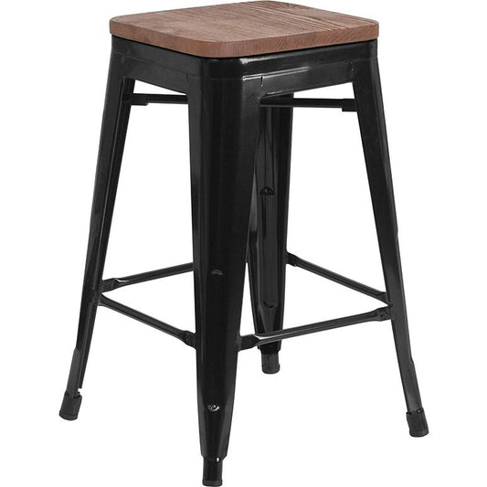 24" High Backless Black Metal Counter Height Stool with Square Wood Seat