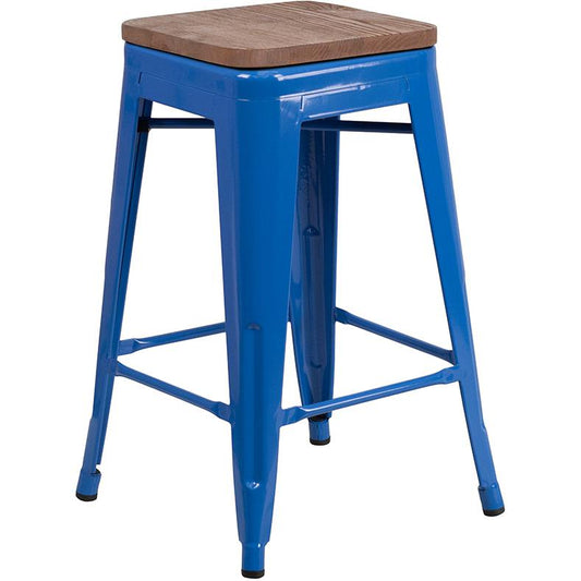 24" High Backless Blue Metal Counter Height Stool with Square Wood Seat