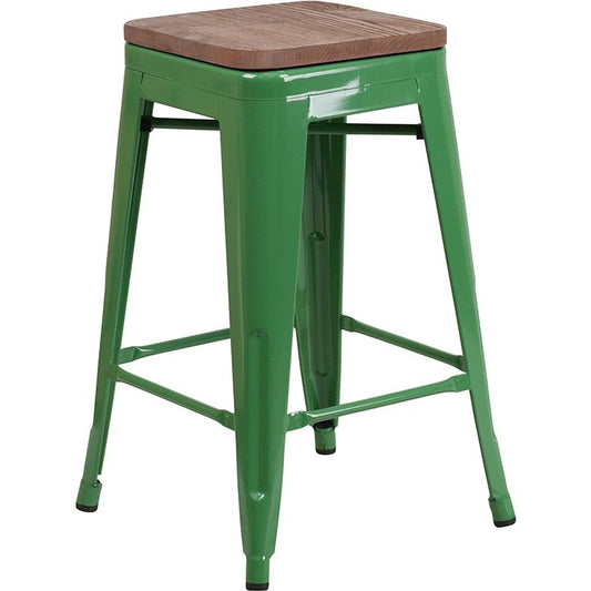 24" High Backless Green Metal Counter Height Stool with Square Wood Seat