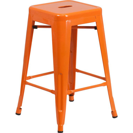 Commercial Grade 24" High Backless Orange Metal Indoor-Outdoor Counter Height Stool with Square Seat
