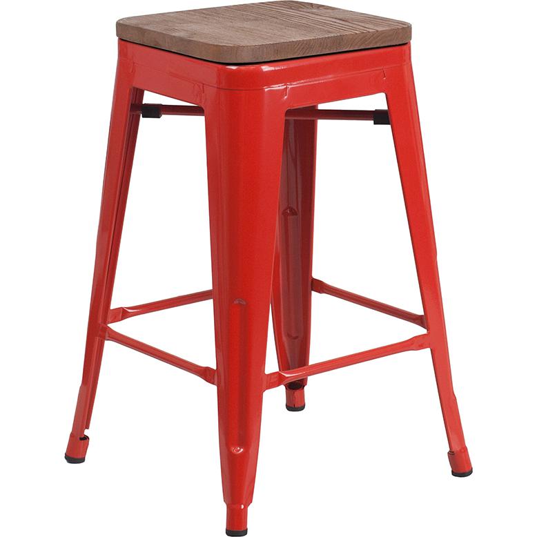 24" High Backless Red Metal Counter Height Stool with Square Wood Seat