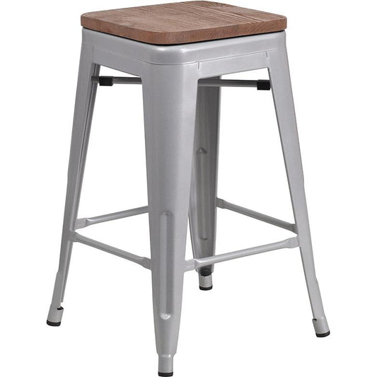 24" High Backless Silver Metal Counter Height Stool with Square Wood Seat