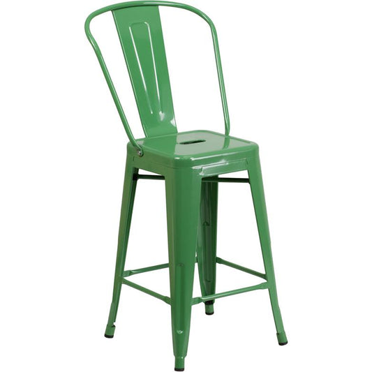 Commercial Grade 24" High Green Metal Indoor-Outdoor Counter Height Stool with Removable Back