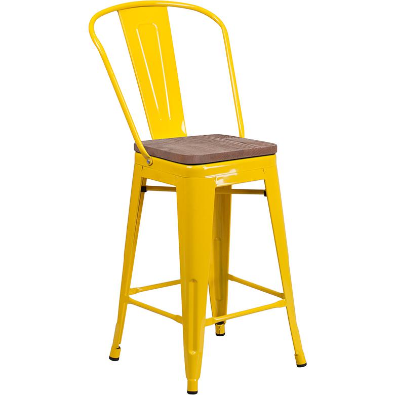 24" High Yellow Metal Counter Height Stool with Back and Wood Seat